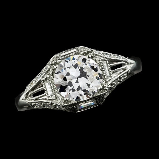 3 Carats Old European Baguette & Round Natural Diamond Ring