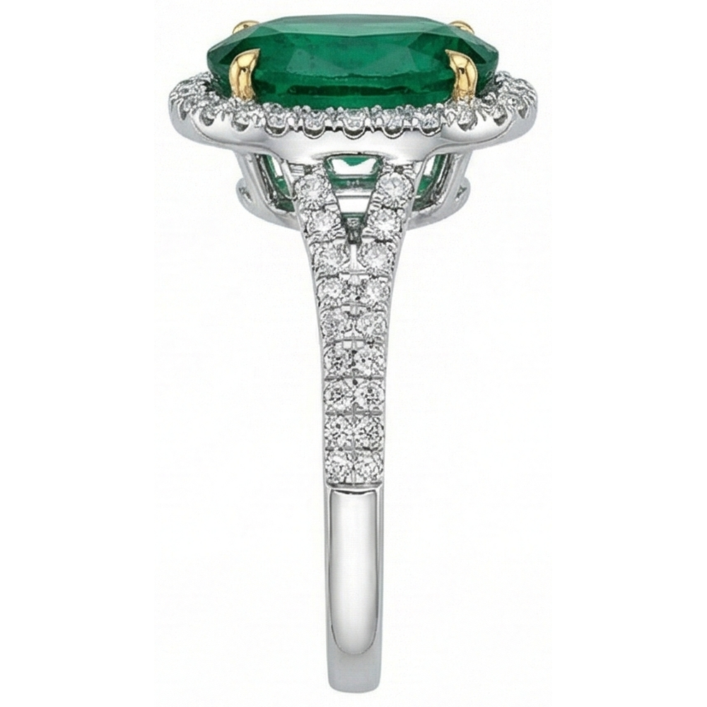 natural round emerald 3ct ring on white background