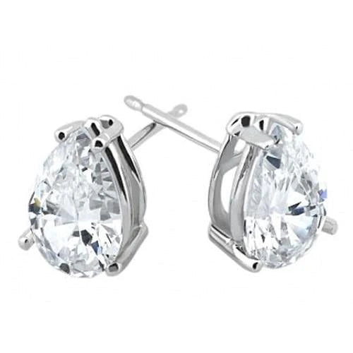 3 Carats Pear Cut Stud Real Diamond Earring Solid White Gold 14K