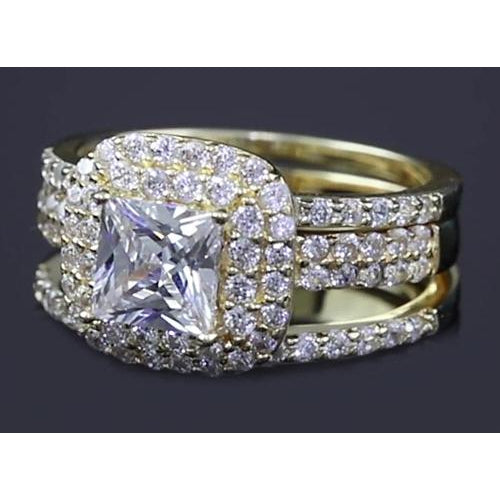 3 Carats Princess Cut Real Diamond Halo Yellow Gold Ring