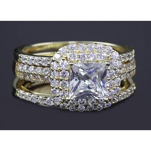 3 Carats Princess Cut Real Diamond Halo Yellow Gold Ring