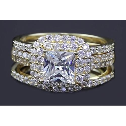 3 Carats Princess Cut Real Diamond Halo Yellow Gold Ring