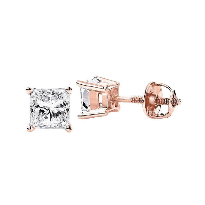 3 Carats Princess Shaped Natural Diamond Stud Earring Fine Rose Gold 14K