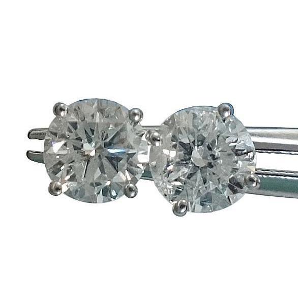 3 Carats Real Diamond Pair Round Stud Solitaire Earrings White Gold