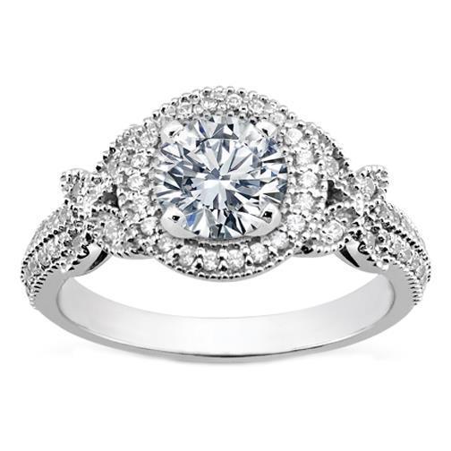 3 Carats Round Cut Halo Real Diamond Vintage Style Ladies Ring White Gold