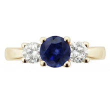 3 Carats Round Natural Earth Mined Diamond Sapphire Ring 3 Stone Tapered Shank Yellow Gold
