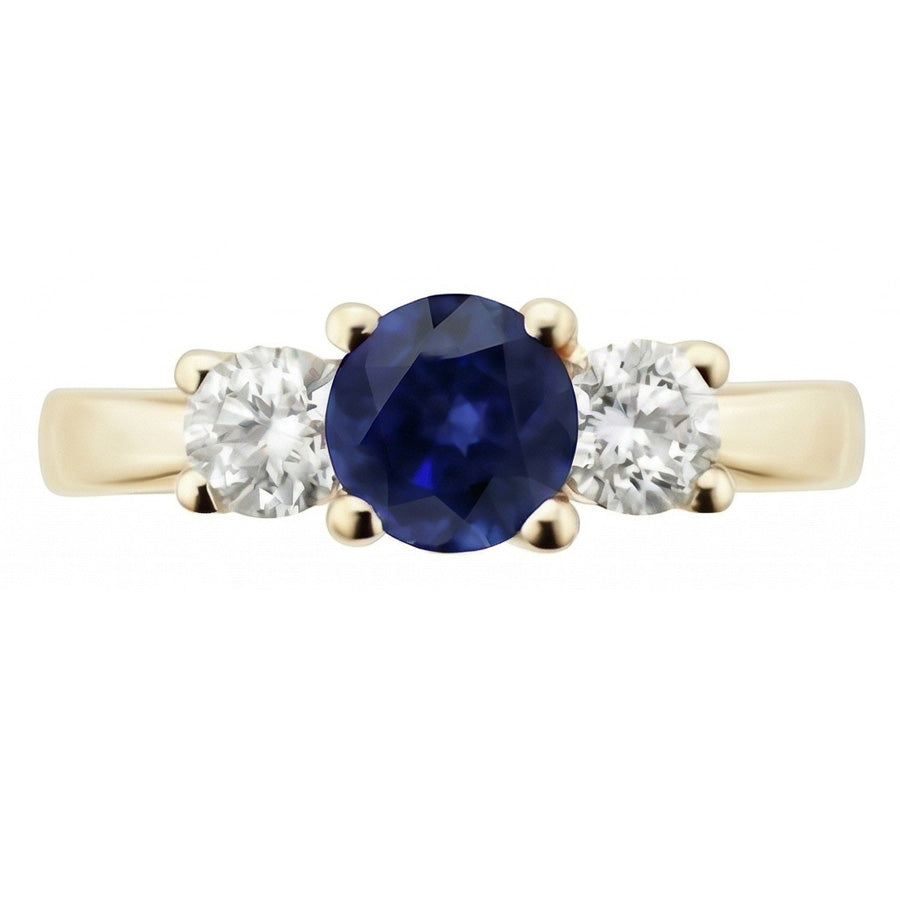 3 Carats Round Natural Earth Mined Diamond Sapphire Ring 3 Stone Tapered Shank Yellow Gold