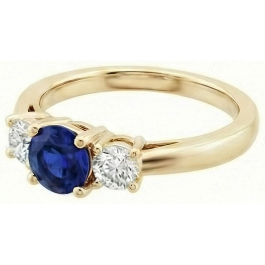 3 Carats Round Natural Earth Mined Diamond Sapphire Ring 3 Stone Tapered Shank Yellow Gold