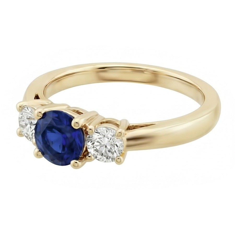 3 Carats Round Natural Earth Mined Diamond Sapphire Ring 3 Stone Tapered Shank Yellow Gold