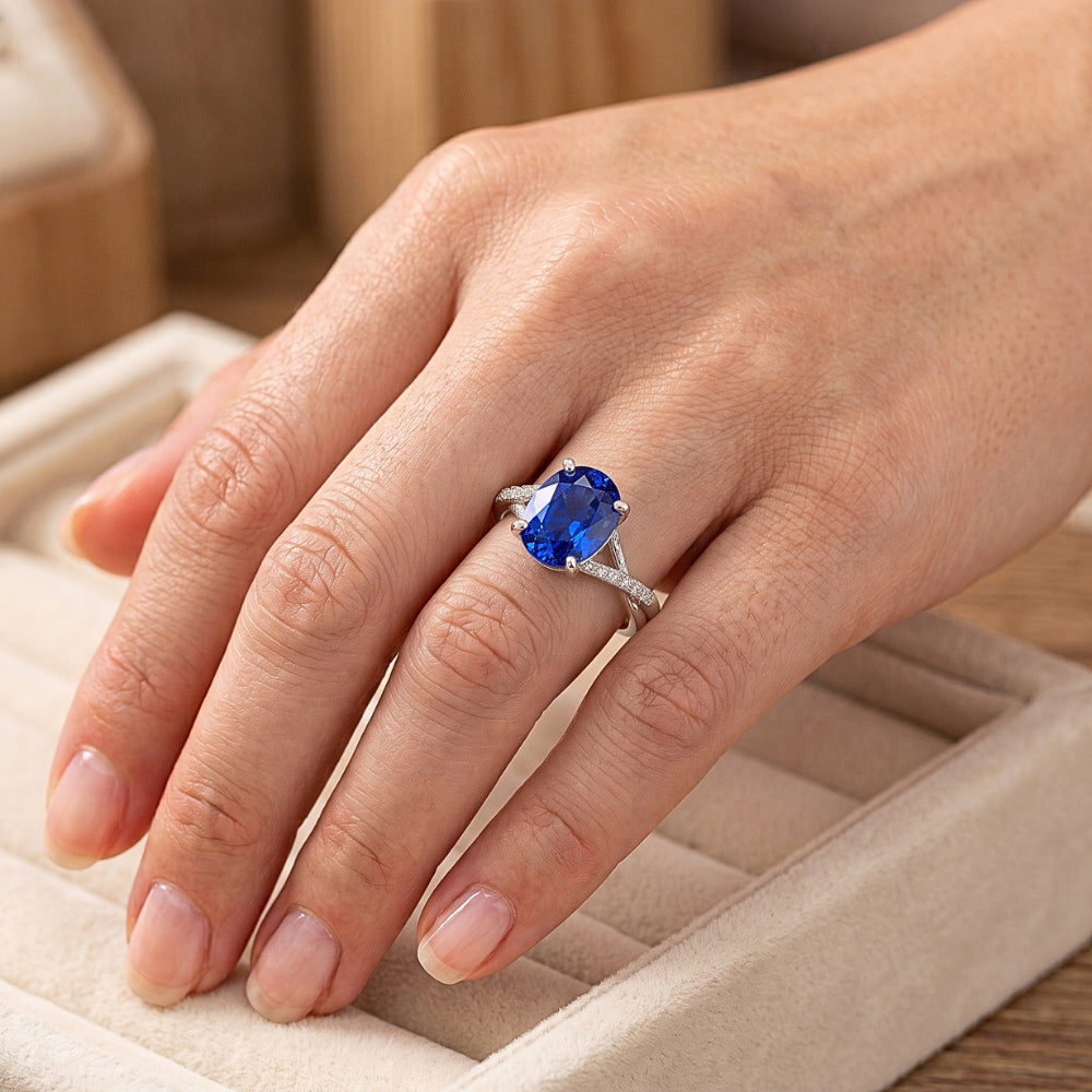 3 Carats Sri Lanka Blue Sapphire Natural Earth Mined Diamond Wedding Ring White Gold 14K