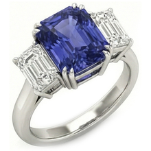 3 Carats Three Stone Emerald Natural Earth Mined Diamond & Radiant Shape Sapphire Ring