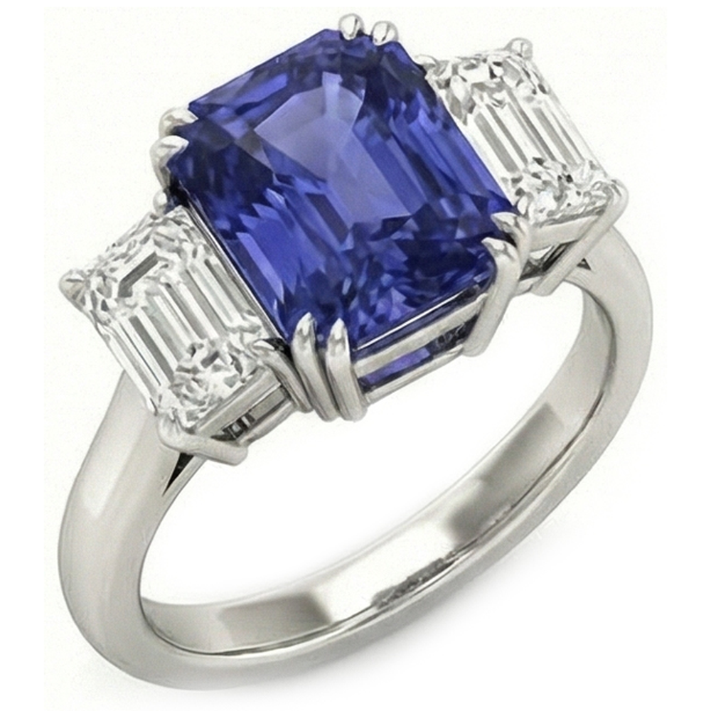 3 Carats Three Stone Emerald Natural Earth Mined Diamond & Radiant Shape Sapphire Ring