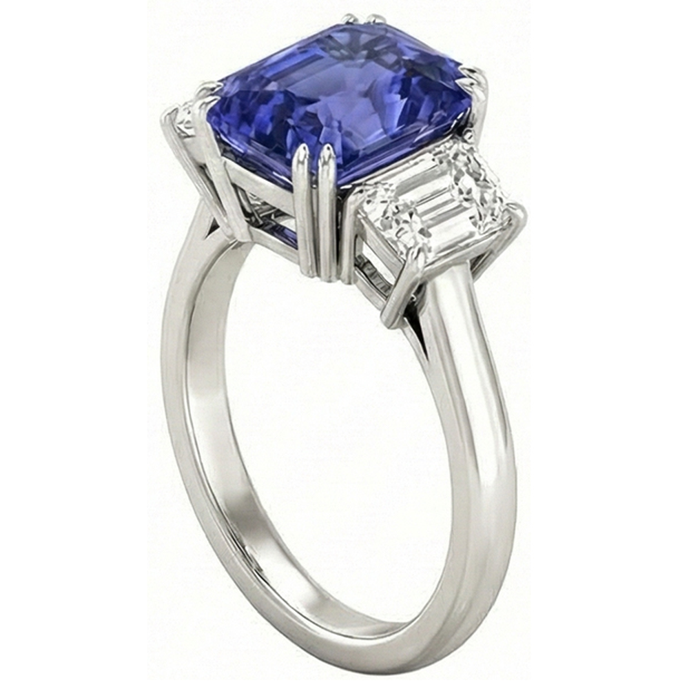 3 Carats Three Stone Emerald Natural Earth Mined Diamond & Radiant Shape Sapphire Ring