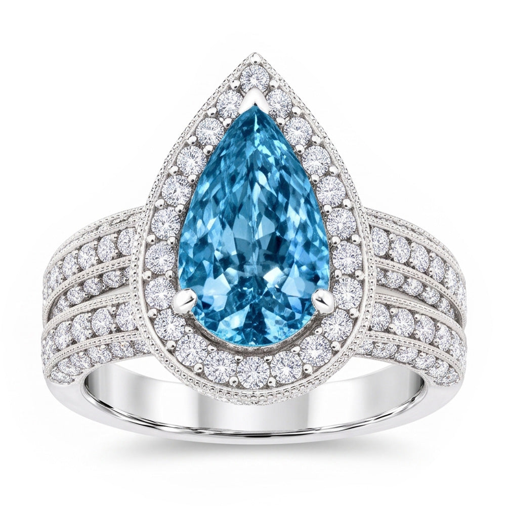 3 Ct. Blue Pear & White Round Real Natural Earth Mined DIAMOND ( NOT LAB GROWN )s Ring White Gold 14K Gemstone