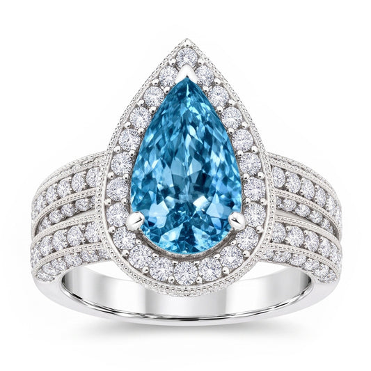 3 Ct. Blue Pear & White Round Real Natural Earth Mined DIAMOND ( NOT LAB GROWN )s Ring White Gold 14K Gemstone