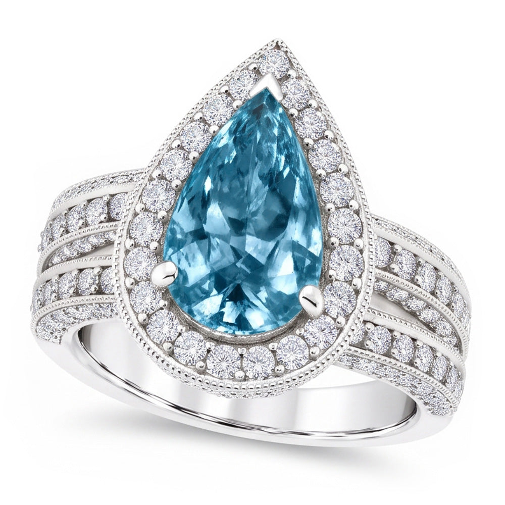 3 Ct. Blue Pear & White Round Real Natural Earth Mined DIAMOND ( NOT LAB GROWN )s Ring White Gold 14K Gemstone