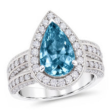 3 Ct. Blue Pear & White Round Real Natural Earth Mined DIAMOND ( NOT LAB GROWN )s Ring White Gold 14K Gemstone