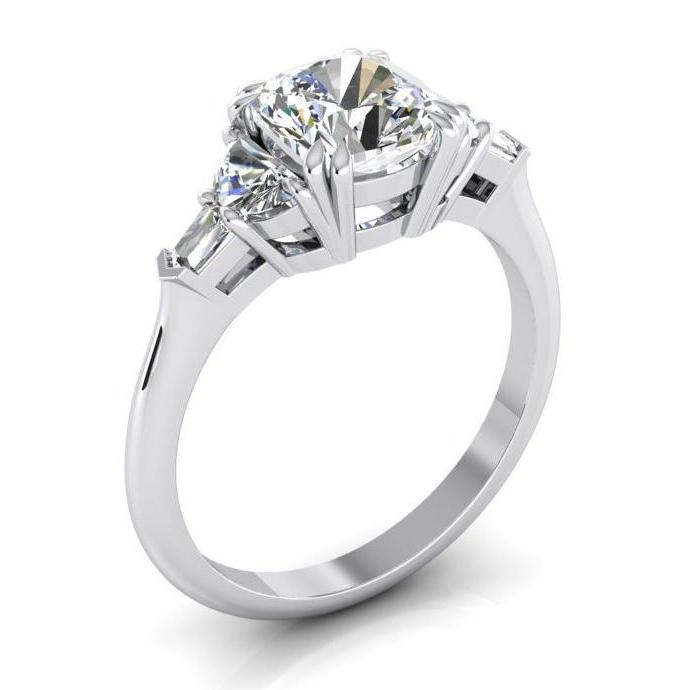 3 Ct Cushion Cut Half Moons Baguette Diamond Ring Excellent Cut 14K