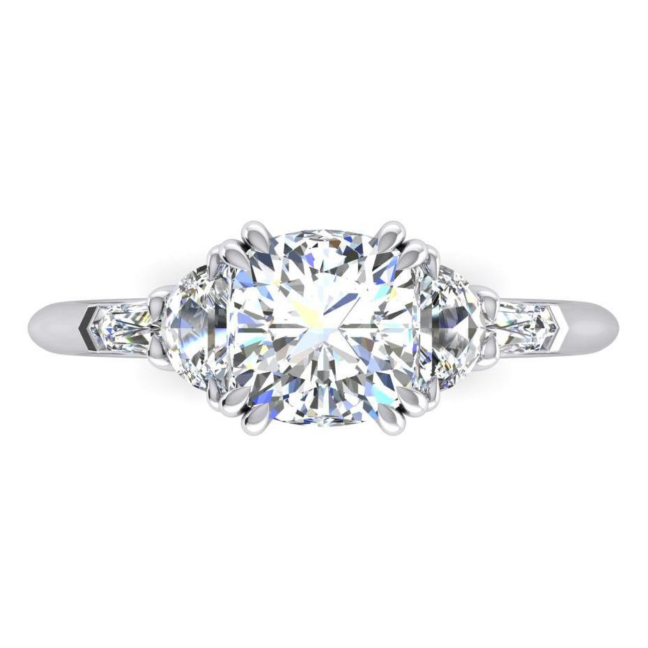 3 Ct Cushion Cut Half Moons Baguette Diamond Ring Excellent Cut 18K
