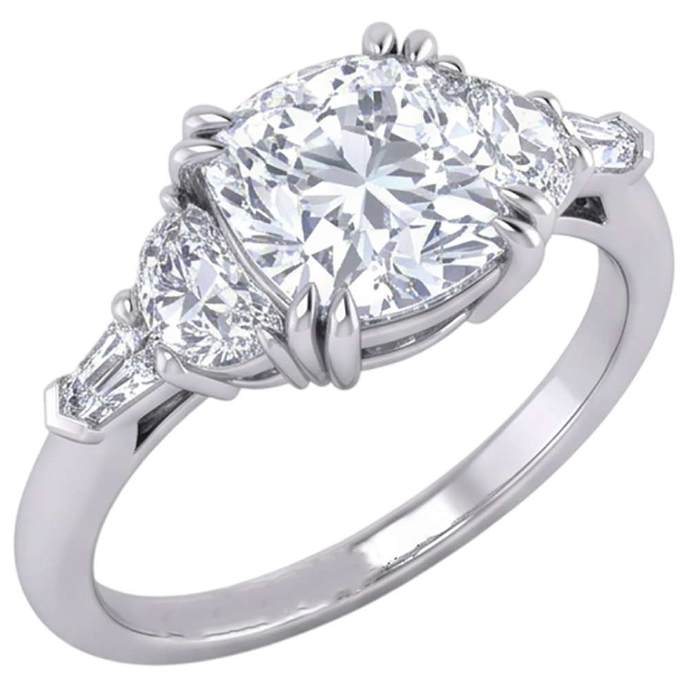 3 Ct Cushion Cut Half Moons Baguette Natural Earth Mined Diamond Ring Excellent Cut 14K