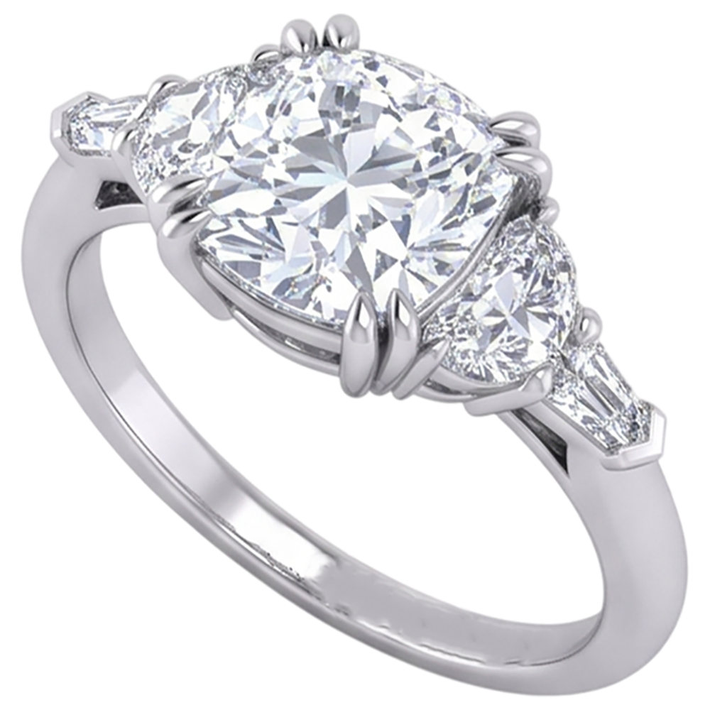 3 Ct Cushion Cut Half Moons Baguette Natural Earth Mined Diamond Ring Excellent Cut 14K