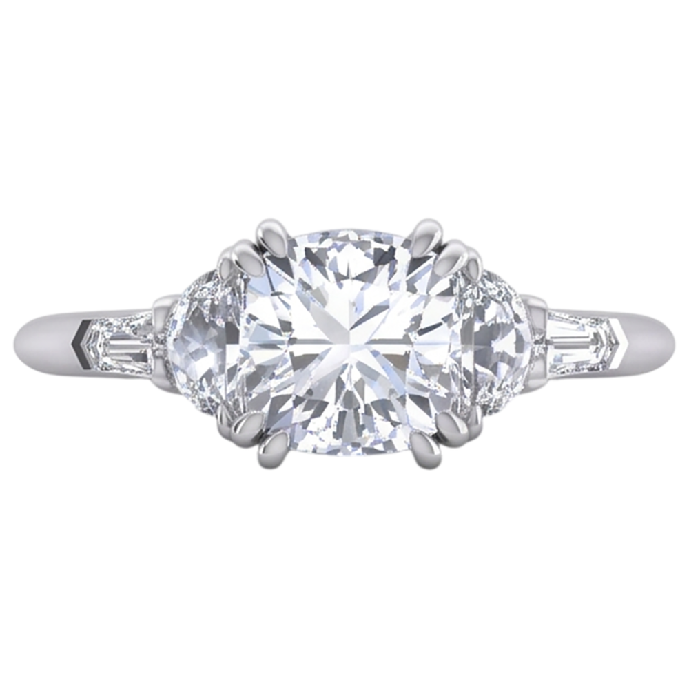 3 Ct Cushion Cut Half Moons Baguette Natural Earth Mined Diamond Ring Excellent Cut 14K