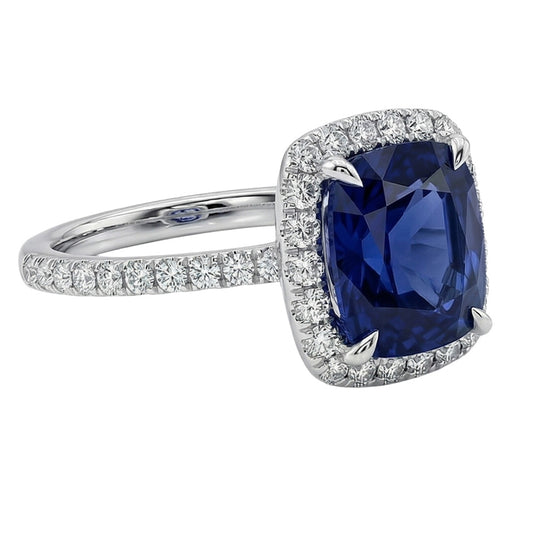 3 Ct Cushion Sri Lanka Blue Sapphire And Halo Natural Earth Mined Diamond Ring