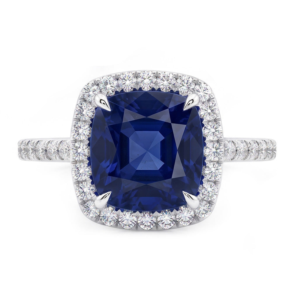 3 Ct Cushion Sri Lanka Blue Sapphire And Halo Natural Earth Mined Diamond Ring