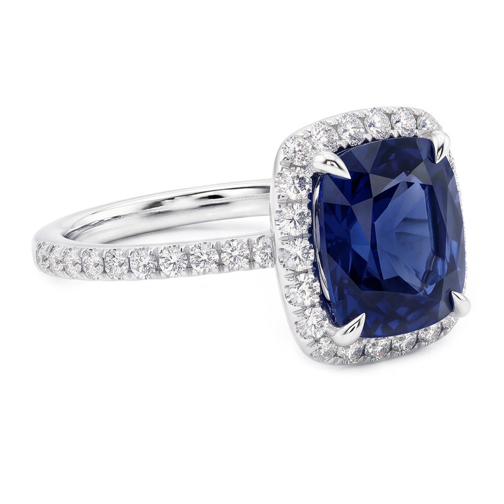 3 Ct Cushion Sri Lanka Blue Sapphire And Halo Natural Earth Mined Diamond Ring