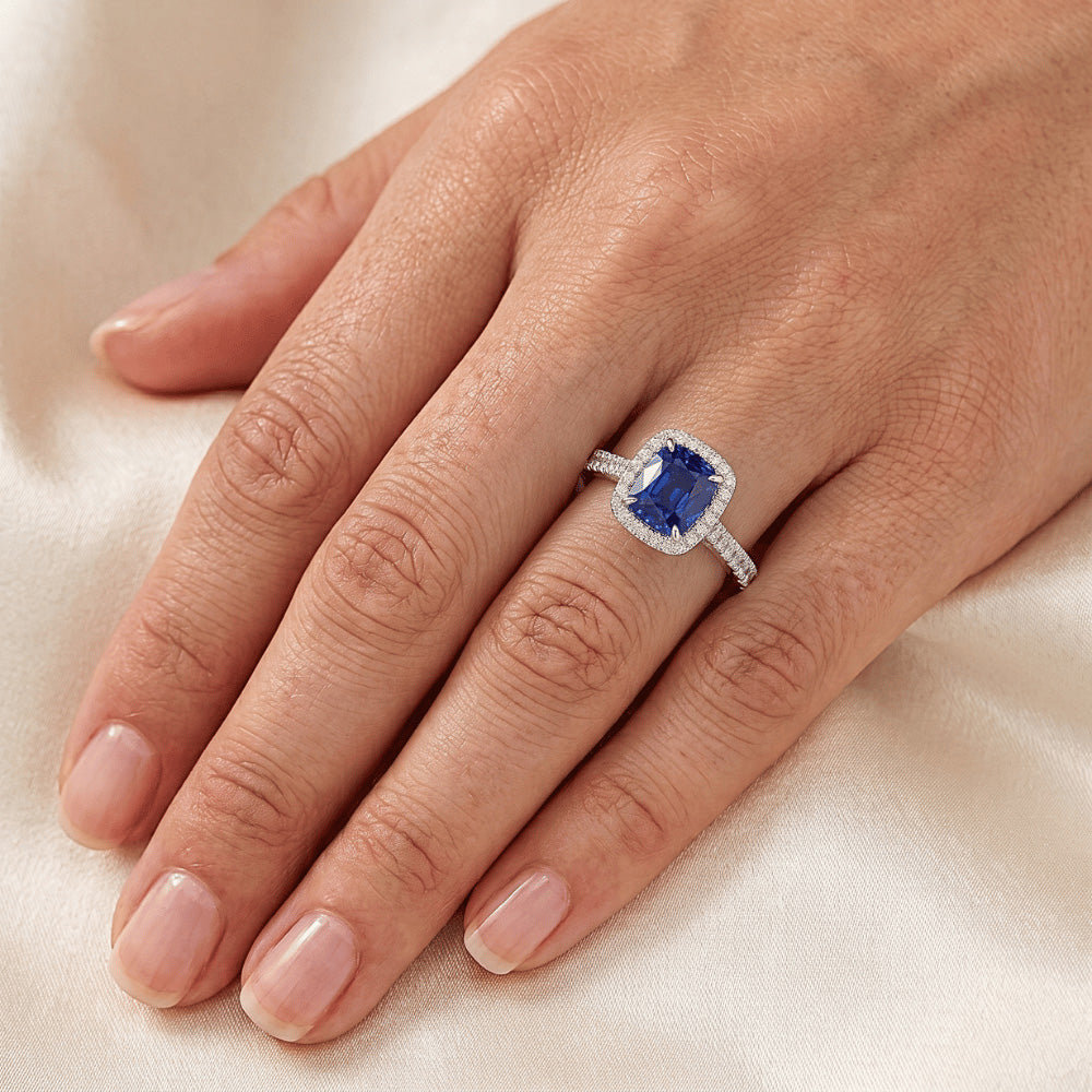 3 Ct Cushion Sri Lanka Blue Sapphire And Halo Natural Earth Mined Diamond Ring