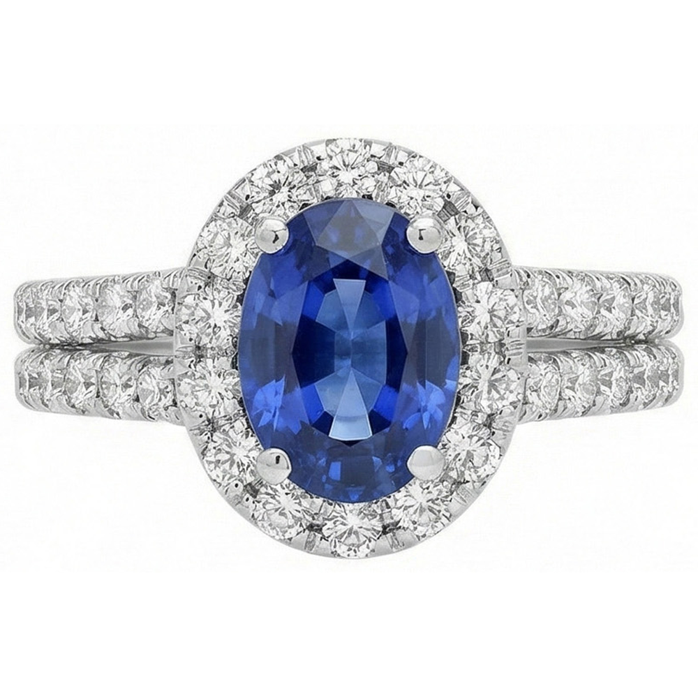 3 Ct Oval Blue Sapphire And Round Natural Earth Mined DIAMOND ( NOT LAB GROWN )s Ring White Gold 14K