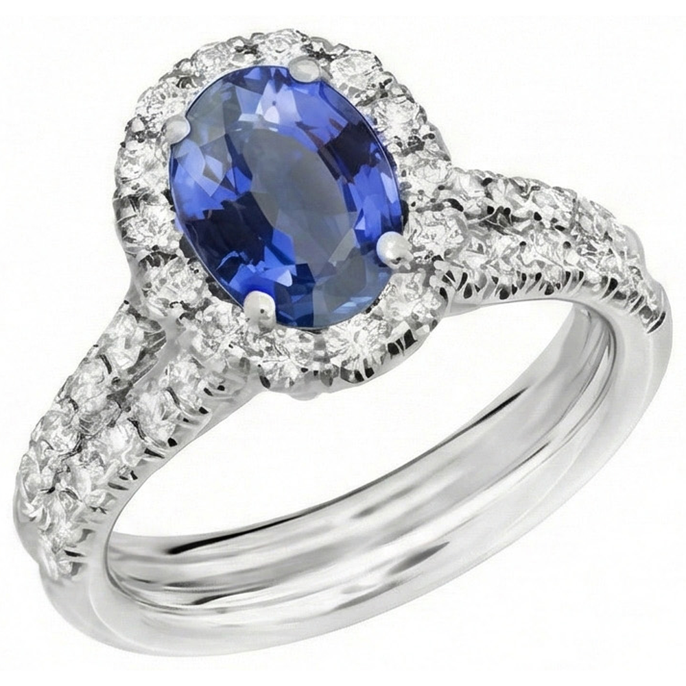 3 Ct Oval Blue Sapphire And Round Natural Earth Mined DIAMOND ( NOT LAB GROWN )s Ring White Gold 14K