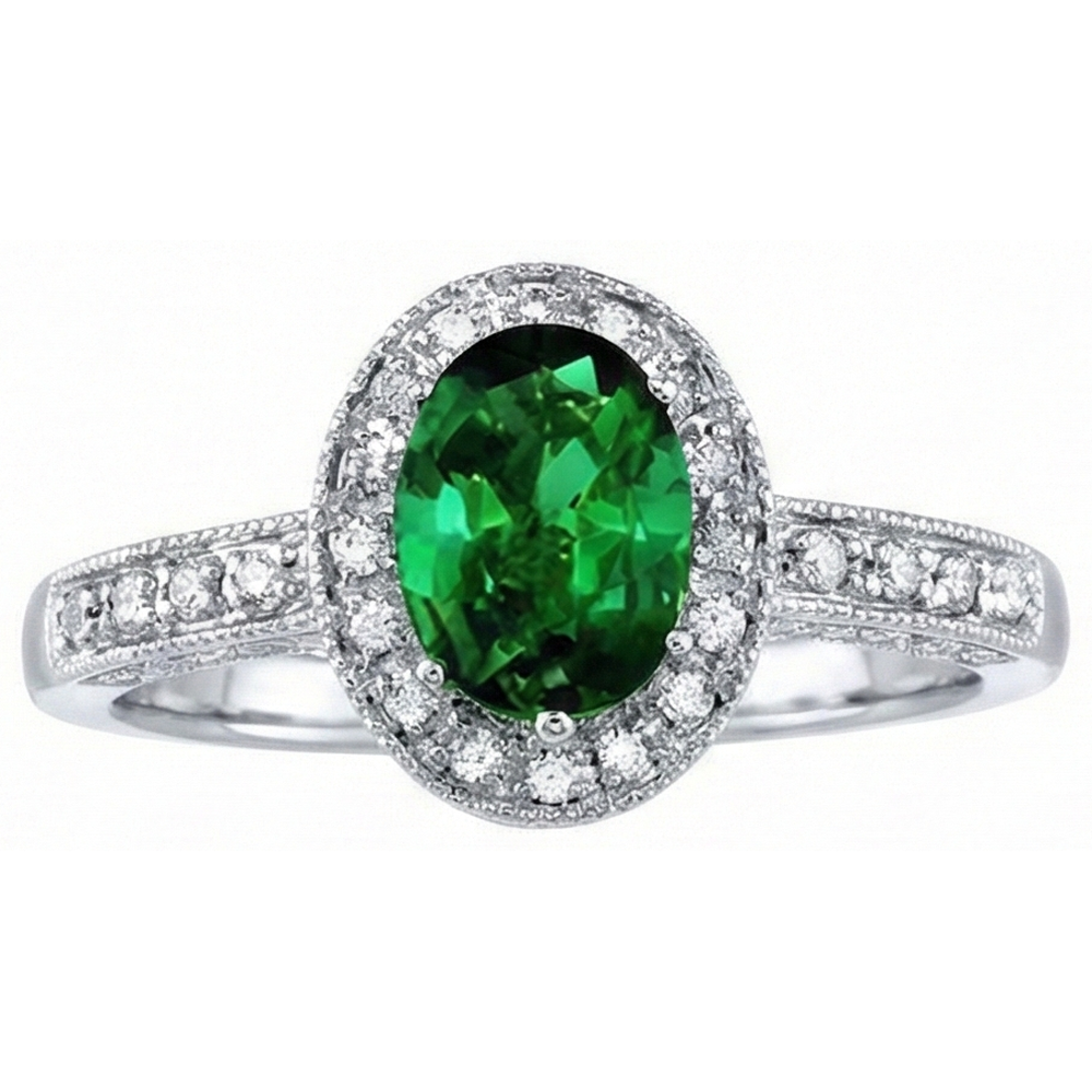 3 Ct Oval Cut Green Emerald With Natural Earth Mined Diamond Ring White Gold 14K