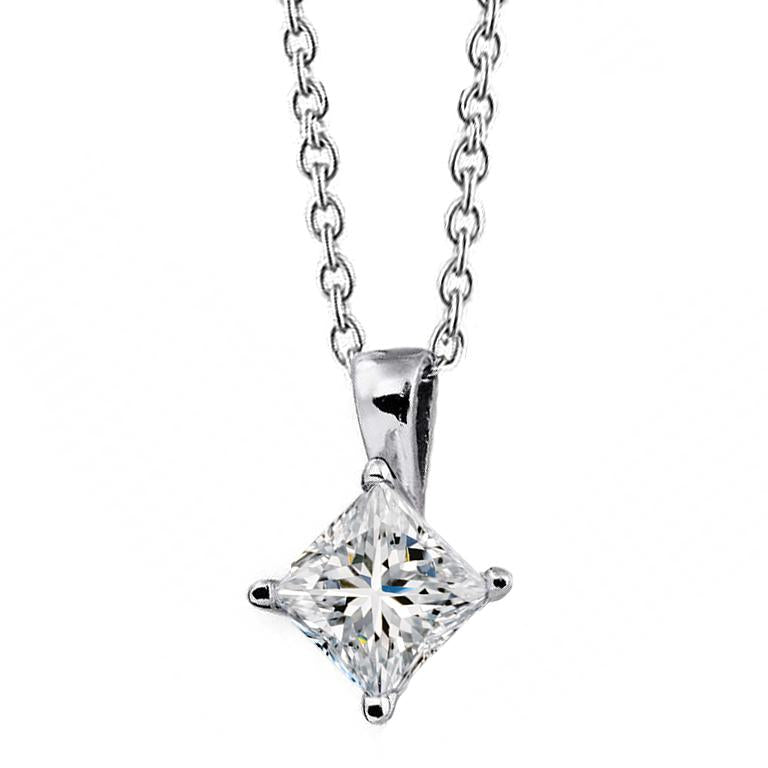 3 Ct Princess Cut Solitaire Genuine Diamond Pendant Necklace White Gold 14K