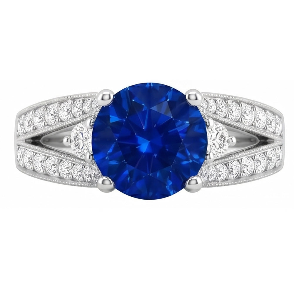 3 Ct Round Ceylon Sapphire And Natural Earth Mined DIAMOND ( NOT LAB GROWN ) Ring Solid White Gold 14K