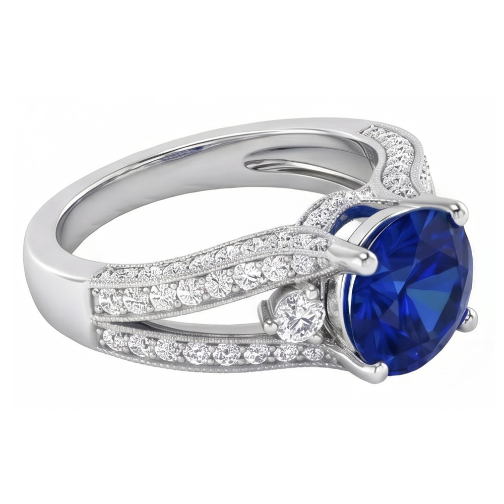 3 Ct Round Ceylon Sapphire And Natural Earth Mined DIAMOND ( NOT LAB GROWN ) Ring Solid White Gold 14K