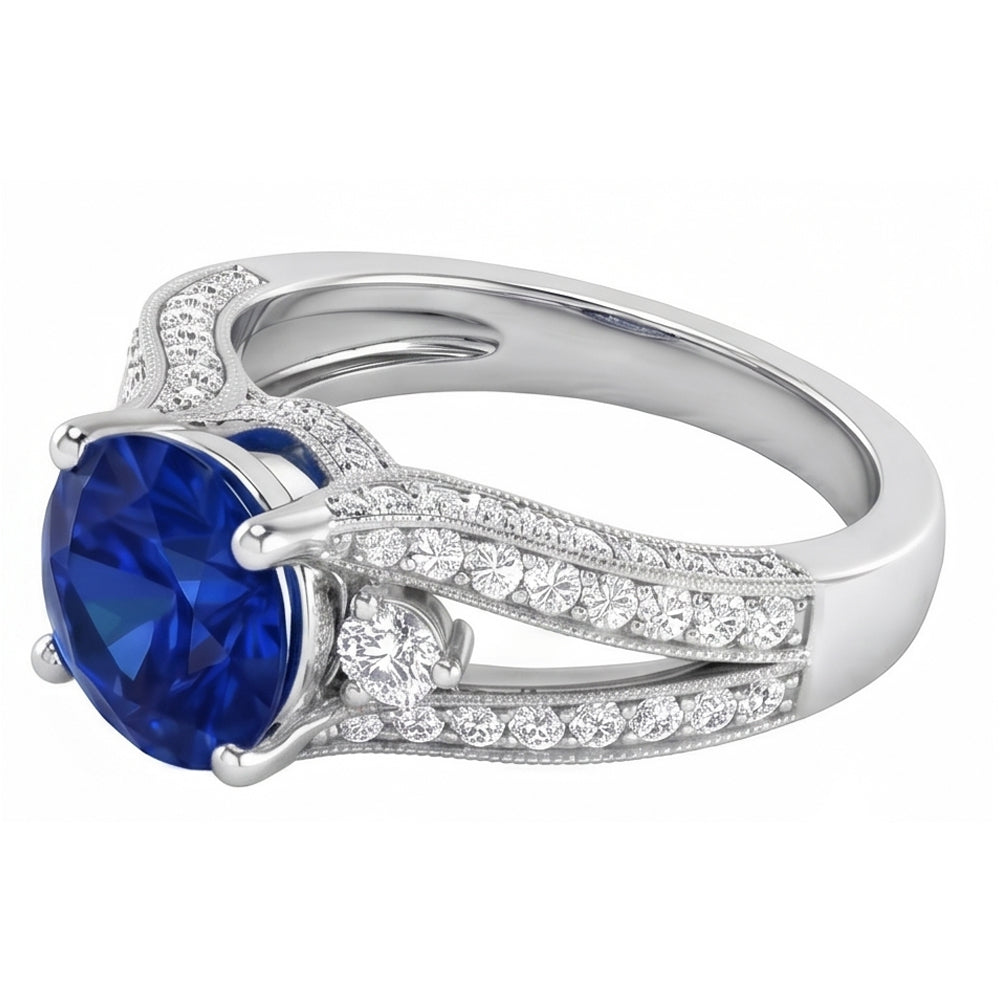 3 Ct Round Ceylon Sapphire And Natural Earth Mined DIAMOND ( NOT LAB GROWN ) Ring Solid White Gold 14K