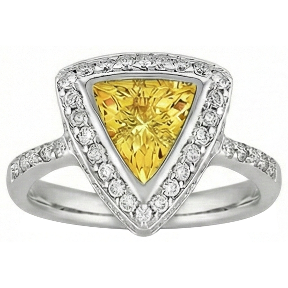 3 Ct Trillion Cut Yellow Sapphire And Round Natural Earth Mined Diamonds Ring White Gold