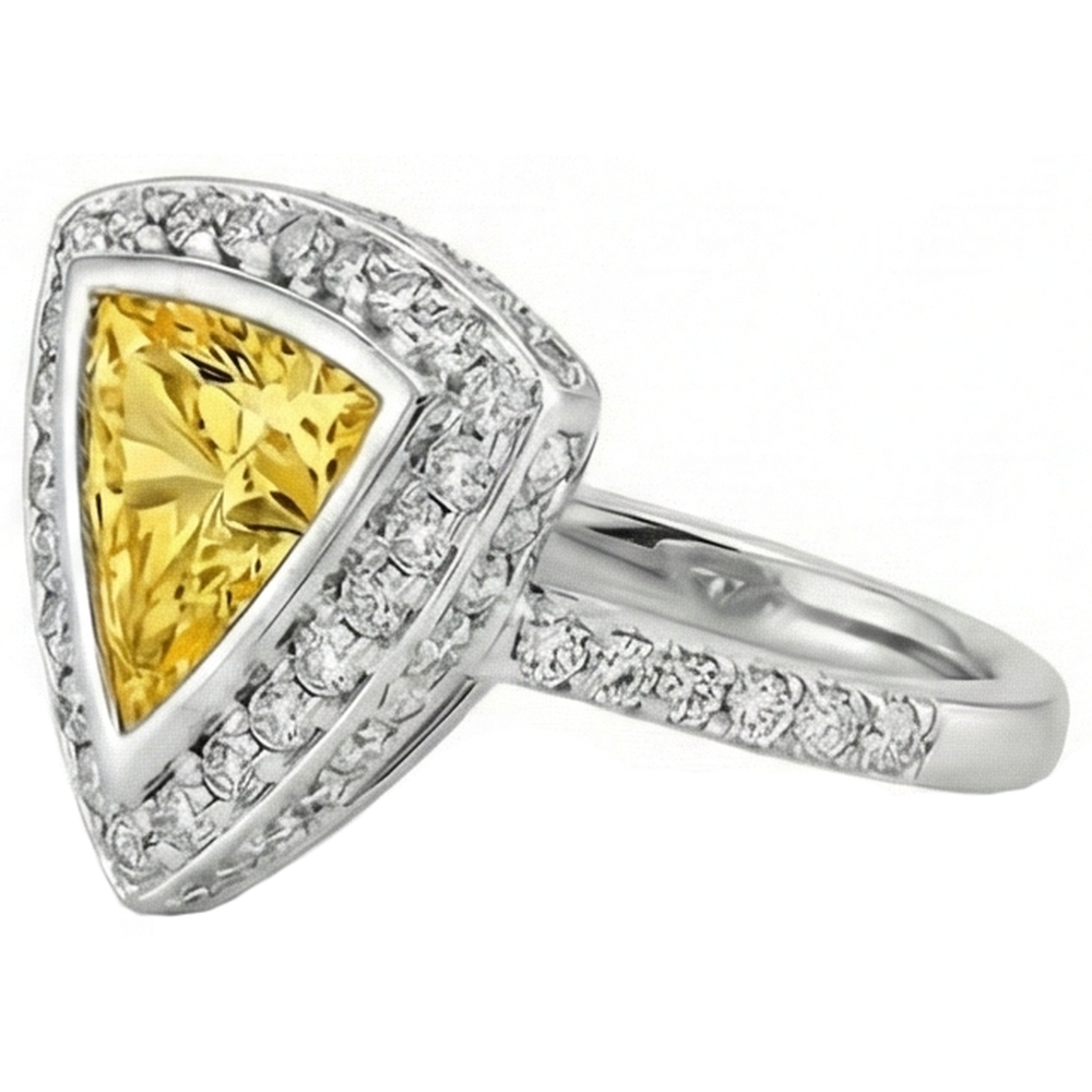 3 Ct Trillion Cut Yellow Sapphire And Round Natural Earth Mined Diamonds Ring White Gold
