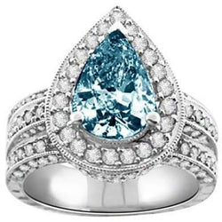 3 Ct. Blue Pear & White Round Real Diamonds Ring White Gold 14K Gemstone
