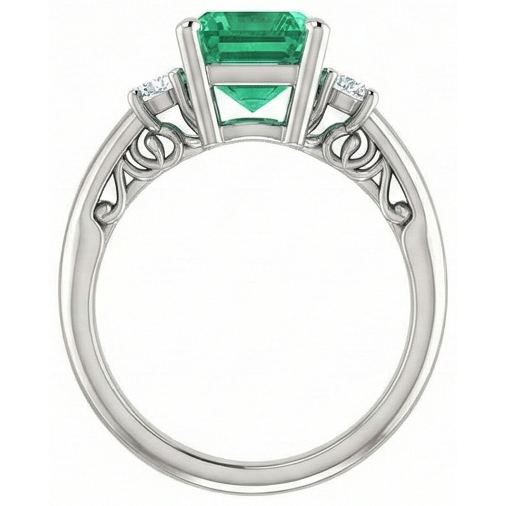 3 Stone 15.50 Ct. Green Emerald With Natural Earth Mined DIAMOND ( NOT LAB GROWN )s Ring Prong Set WG 14K