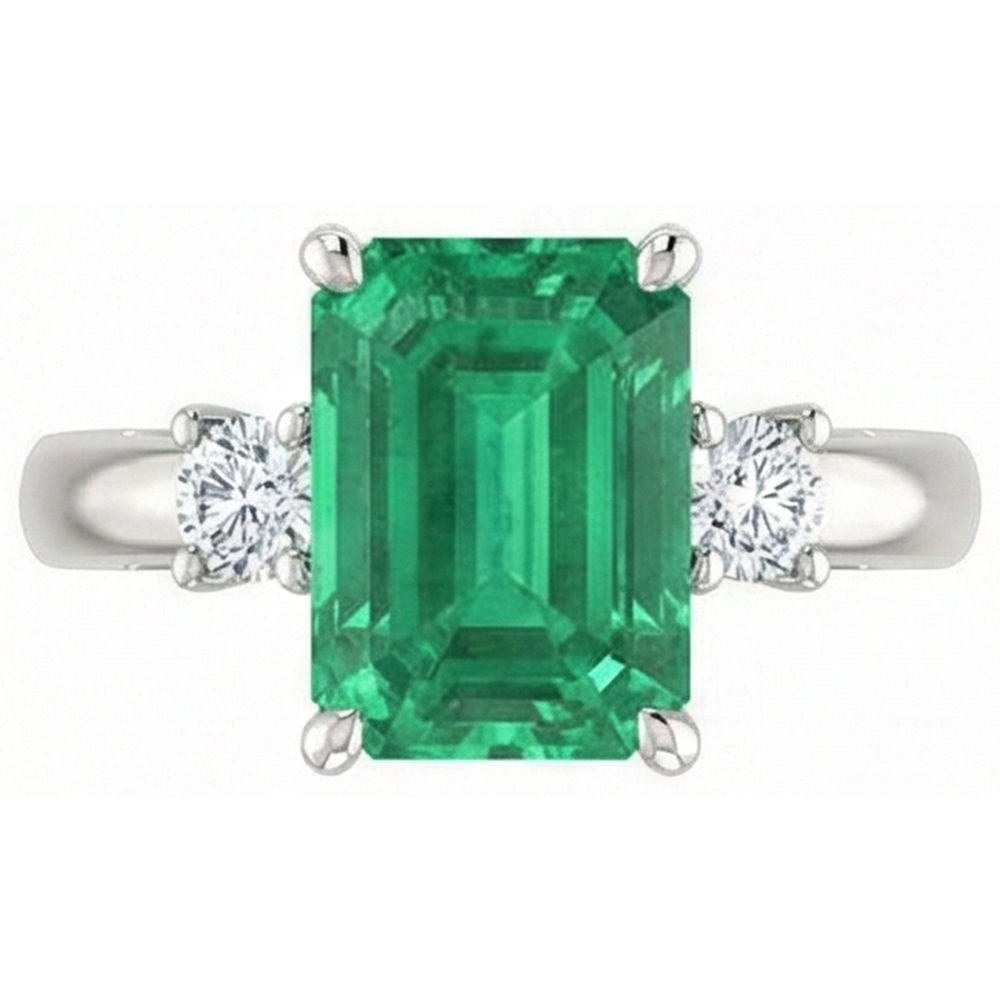3 Stone 15.50 Ct. Green Emerald With Natural Earth Mined DIAMOND ( NOT LAB GROWN )s Ring Prong Set WG 14K