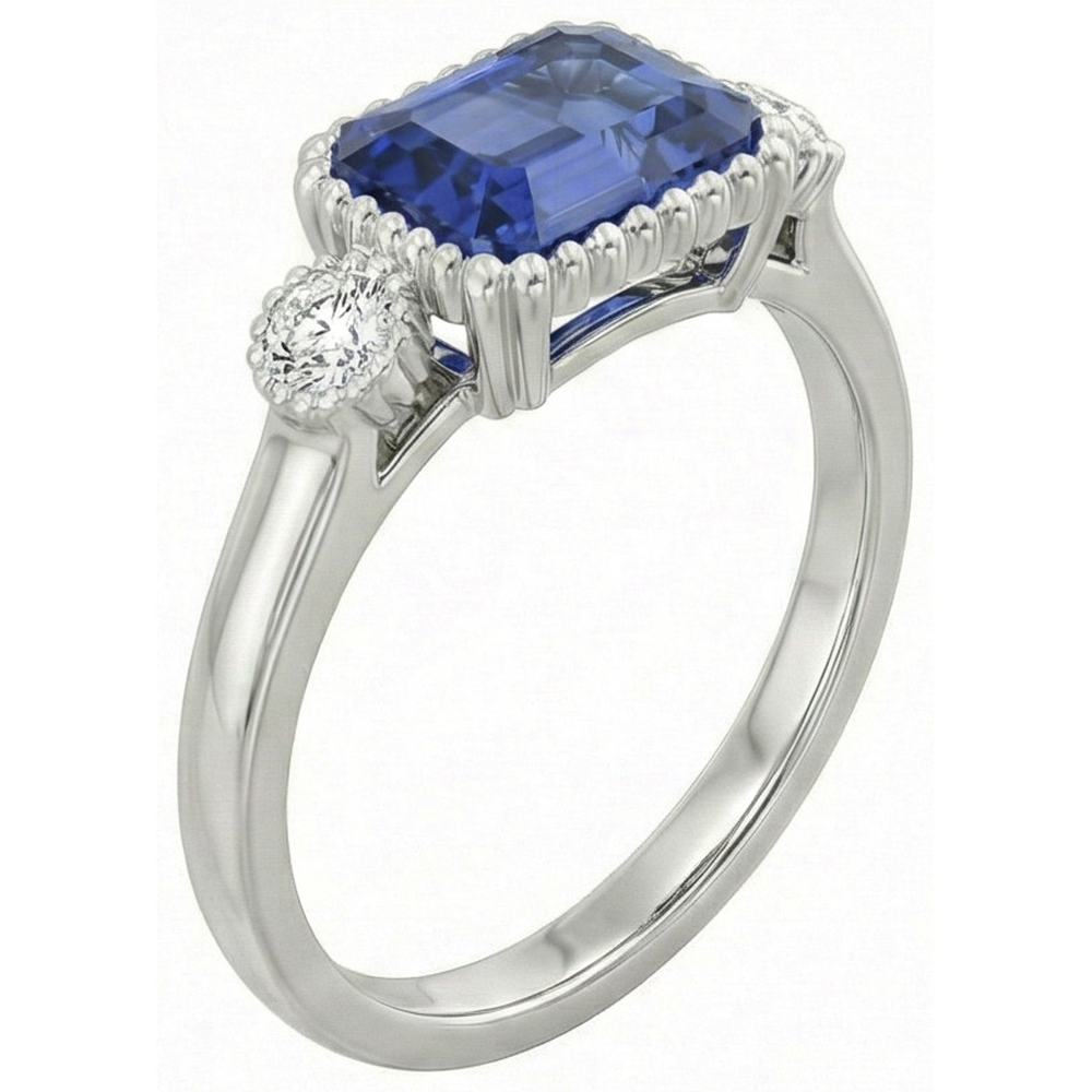3 Stone Anniversary Ring Bezel Set Natural Earth Mined Diamond & Blue Sapphire 2.75 Carats