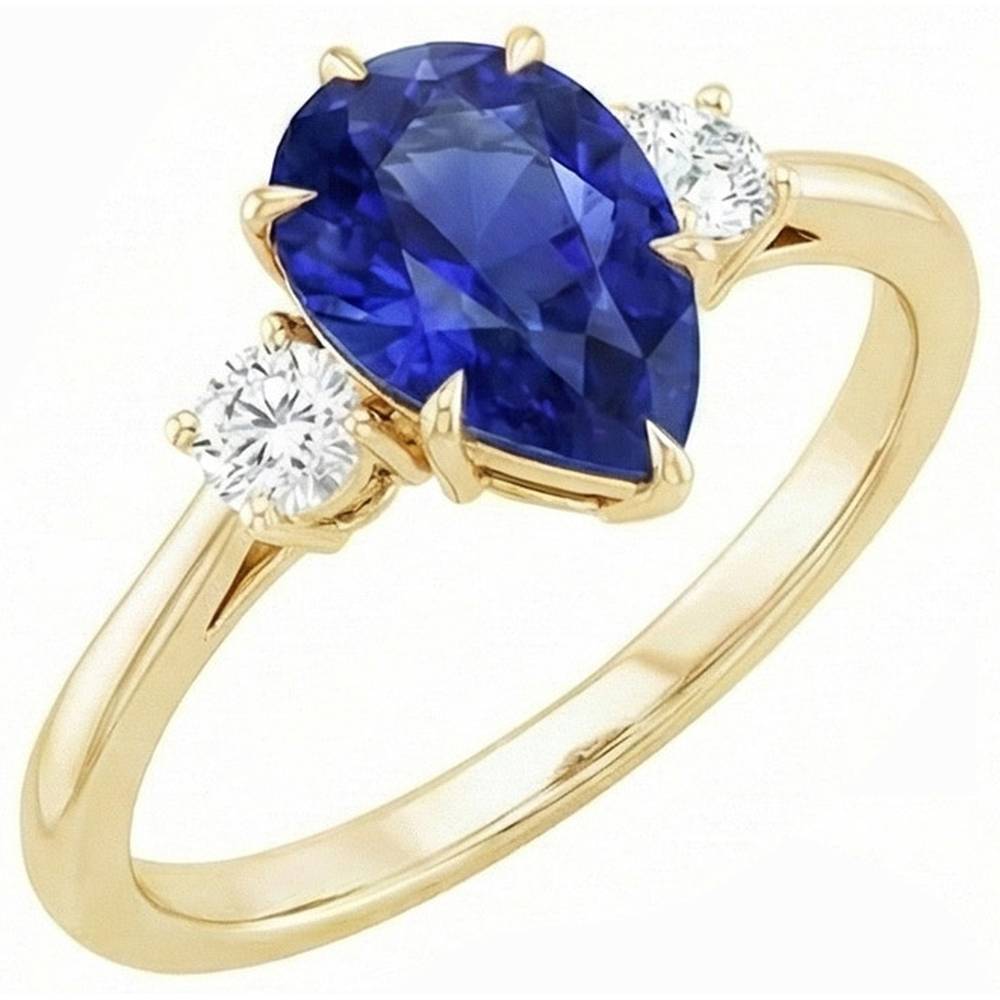 3 Stone Anniversary Ring Pear Blue Sapphire & Natural Earth Mined Diamonds 4.25 Carats