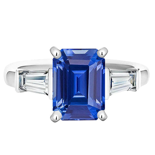 3 Stone Baguette Diamond Sapphire Ring