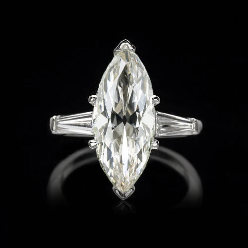 3 Stone Baguette & Marquise Old Cut Real Diamond Ring 4.50 Carats