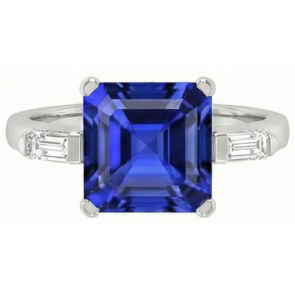 3 Stone Baguette Natural Earth Mined Diamond Ring Asscher Ceylon Blue Sapphire 4 Carats