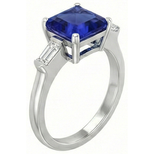 3 Stone Baguette Natural Earth Mined Diamond Ring Asscher Ceylon Blue Sapphire 4 Carats