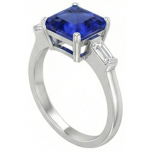 3 Stone Baguette Natural Earth Mined Diamond Ring Asscher Ceylon Blue Sapphire 4 Carats