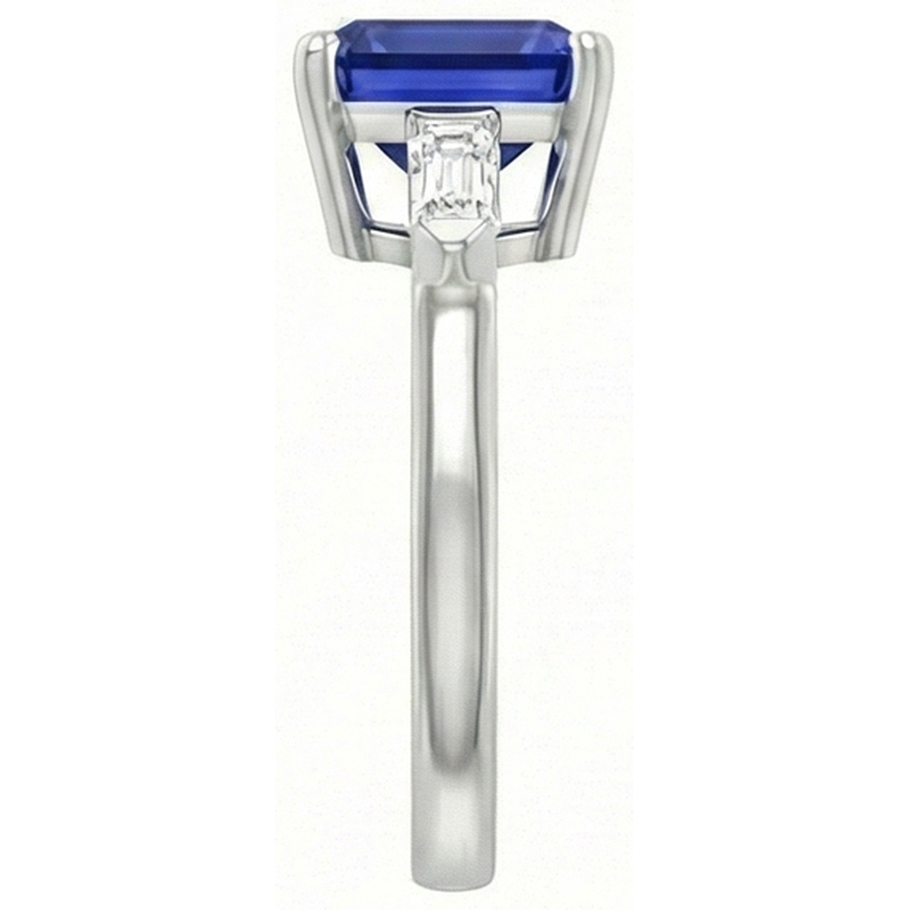 3 Stone Baguette Natural Earth Mined Diamond Ring Asscher Ceylon Blue Sapphire 4 Carats